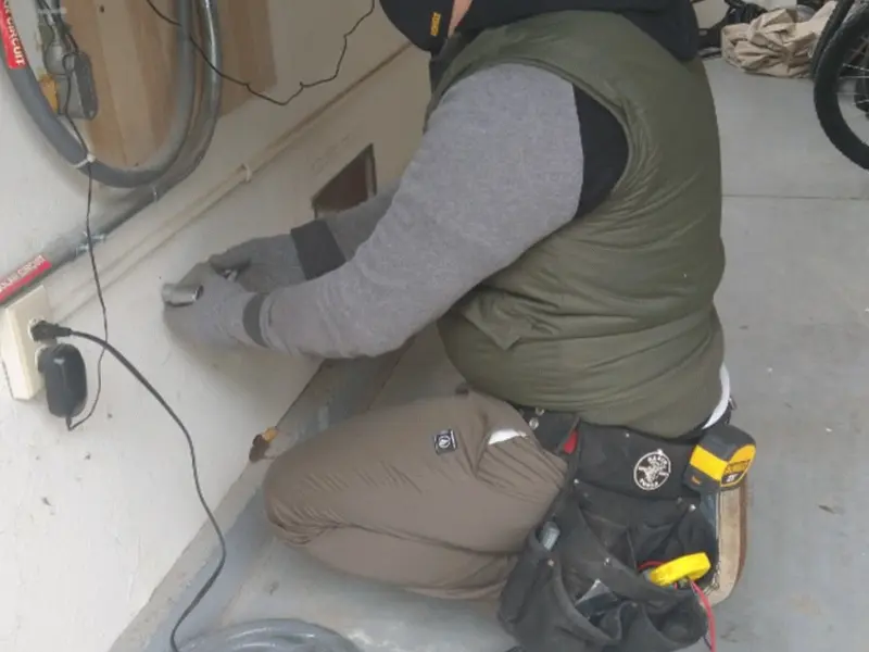 Electrician performing outlet wiring in a Falls City garage